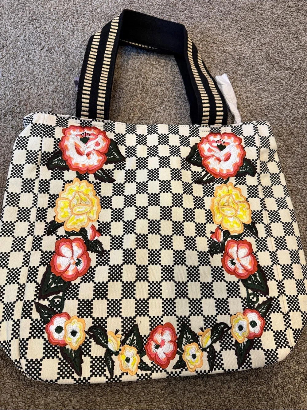 Wyeth x Frida Kahlo Embroidered Floral Checkerboard Tote Bag - Black & White